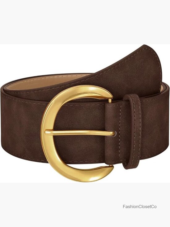 Wide Faux Suede Leather Belt with Gold C-Shaped Buckle
